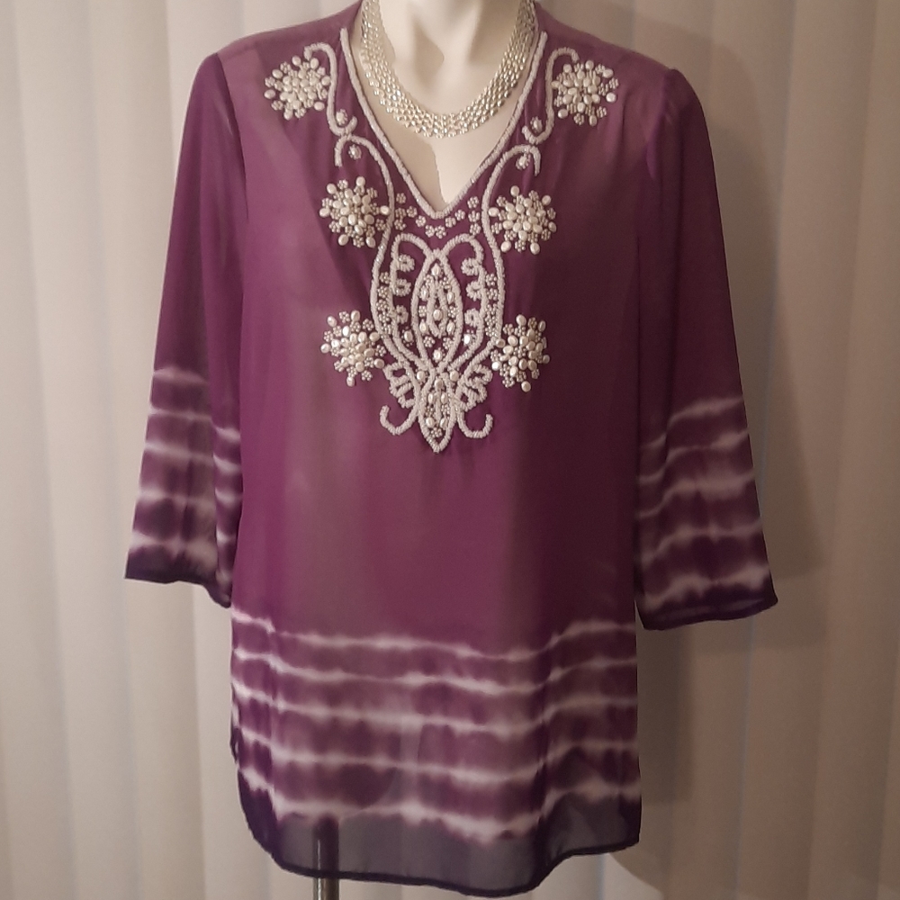Chico's beaded purple and white tunic